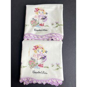 2 Vintage Embroidered Pillowcases Campbell Soup Kid Purple Crochet Trim Cottage